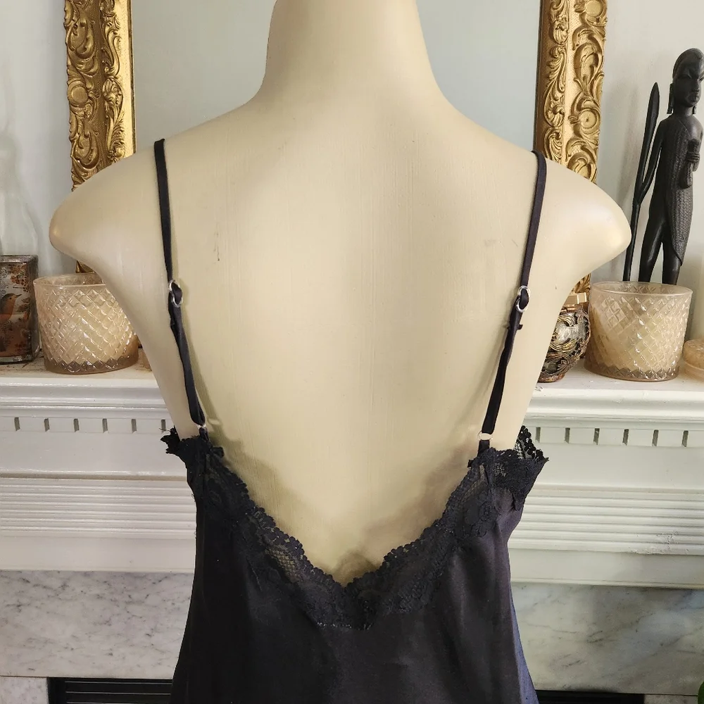 Vintage 90s Black Floral Chemise Slip Dress Sz M Pink Embroidered Mini Lace Y2K